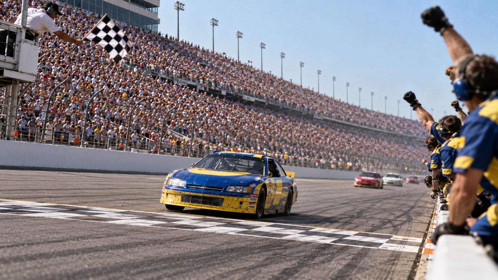 Photorealistic editorial reconstruction of a blue-and-yellow stock car winning at Daytona