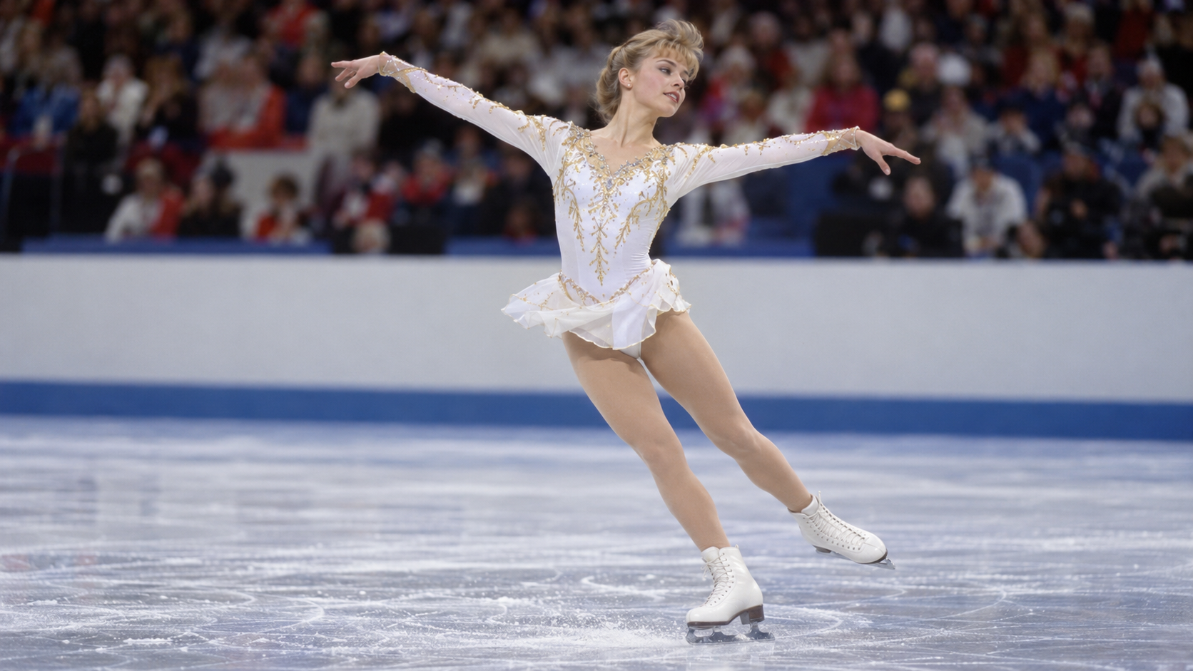 Photorealistic editorial reconstruction of an Olympic figure-skating gold medal performance