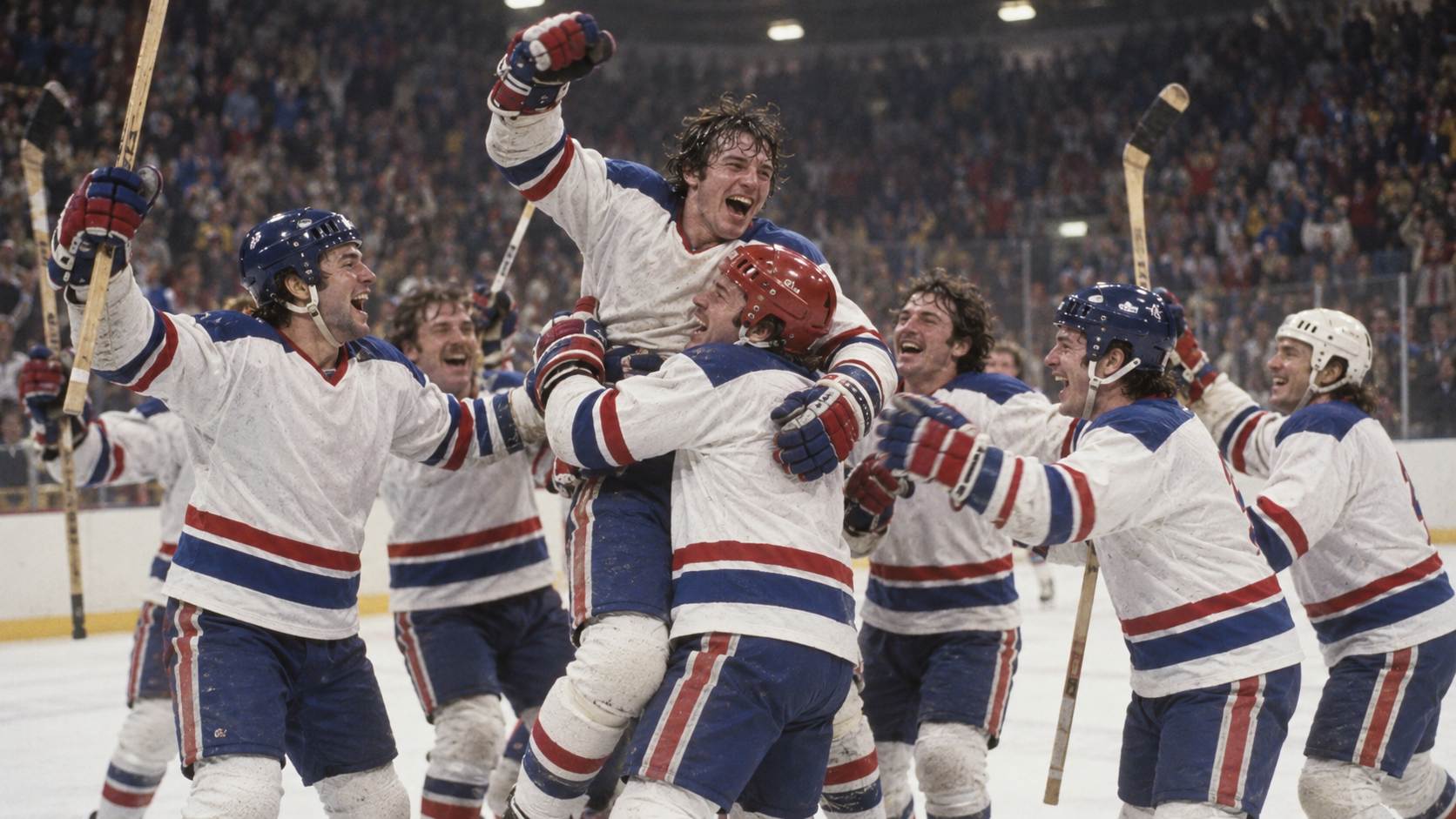 Photorealistic editorial reconstruction of the 1980 American hockey upset celebration