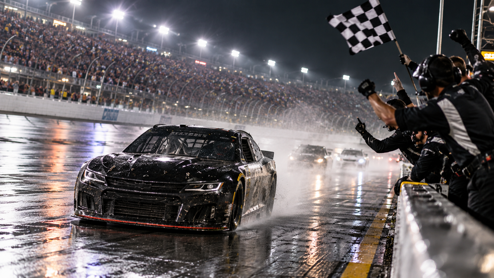 Photorealistic editorial reconstruction of a stock car winning a rain-delayed Daytona race