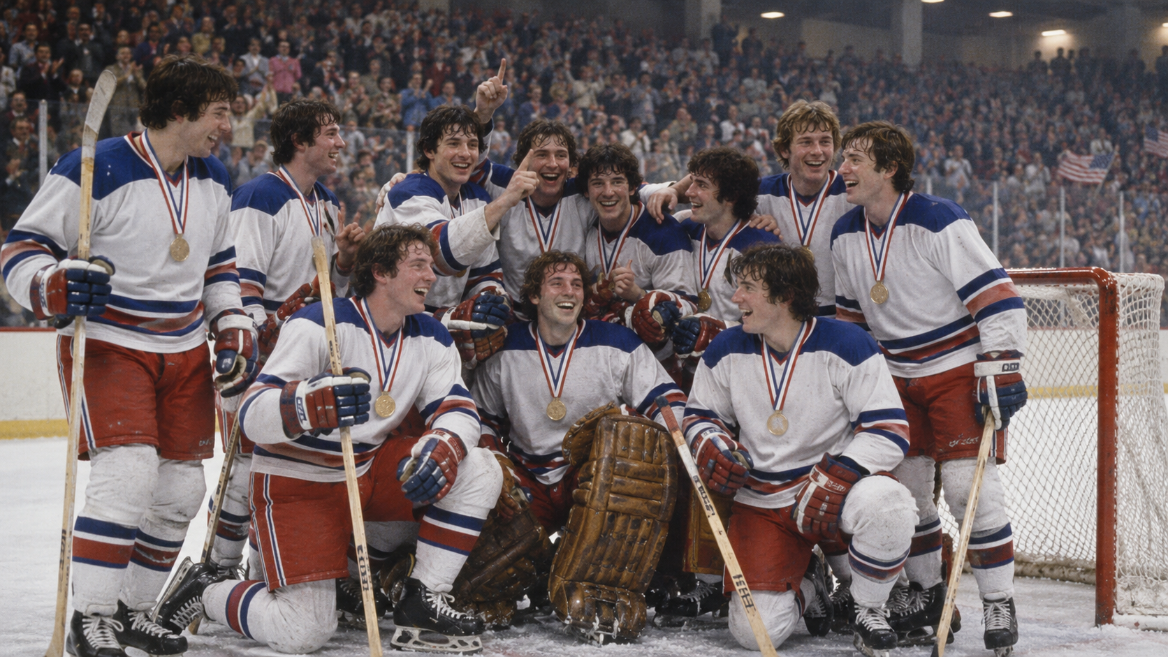 Photorealistic editorial reconstruction of the American hockey team completing its Olympic gold run