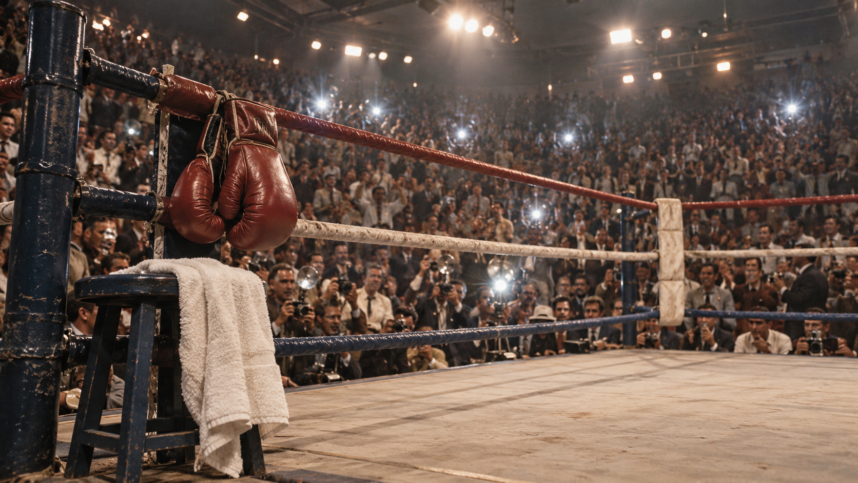Photorealistic editorial reconstruction of the symbolic aftermath of a historic heavyweight upset