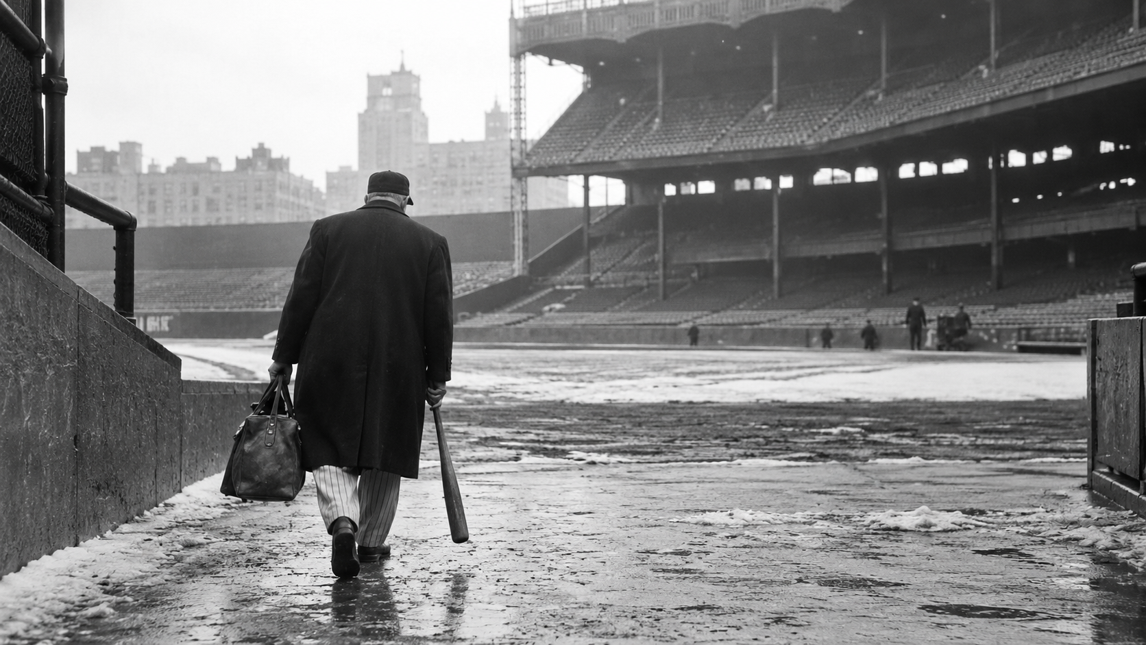 Photorealistic editorial reconstruction of a legendary slugger leaving a baseball stadium