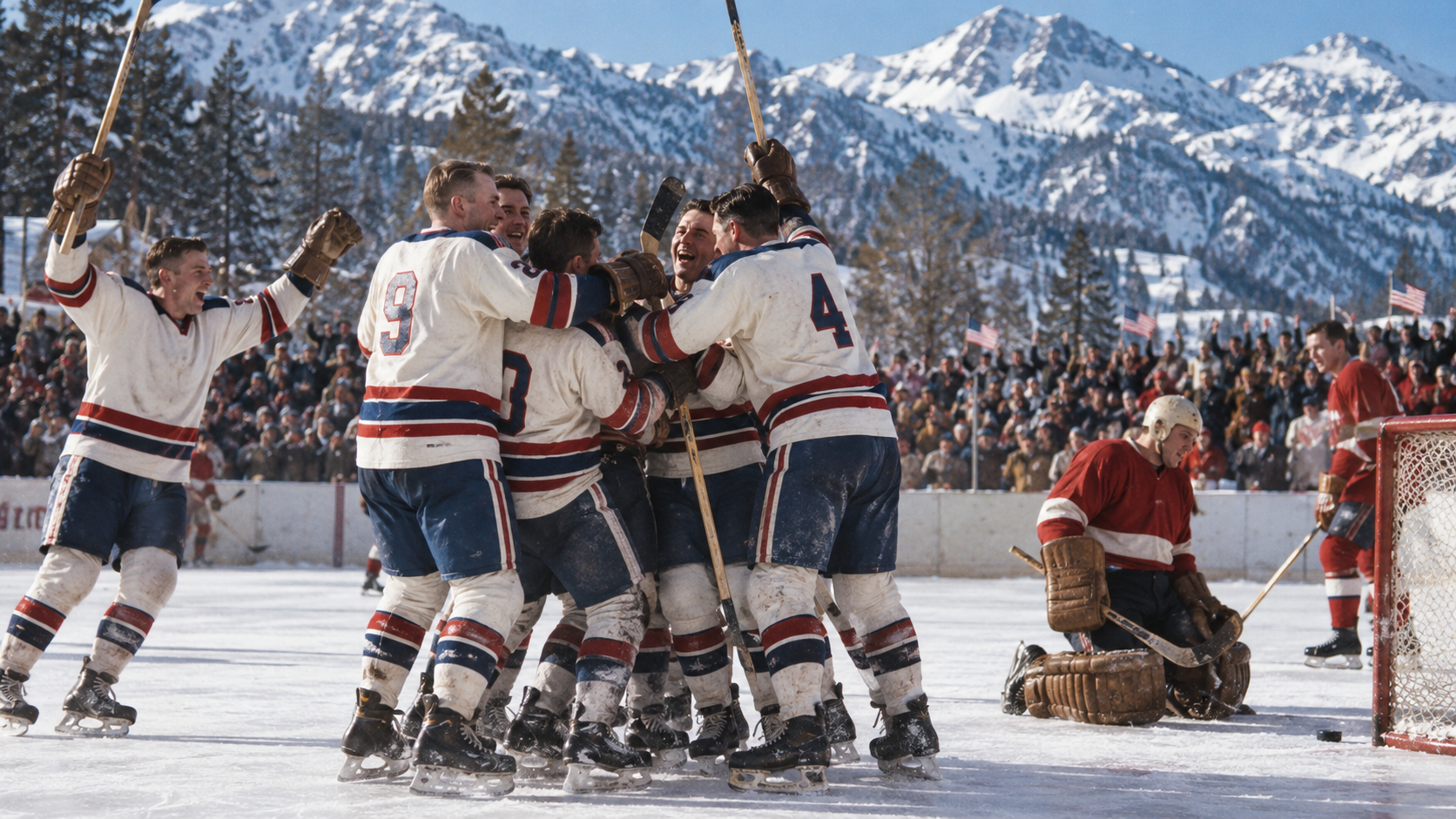 Photorealistic editorial reconstruction of the United States hockey team celebrating its first Olympic gold