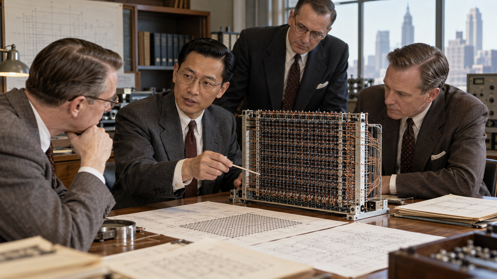 Photorealistic historical reconstruction of the An Wang core-memory patent sale