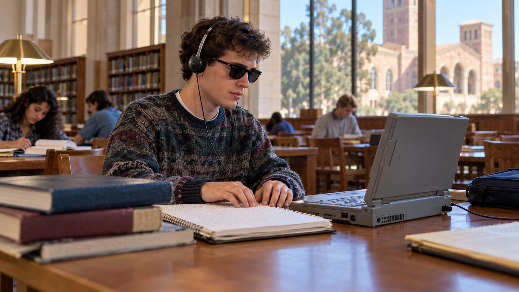 Photorealistic historical reconstruction of the talking laptop assisting a student