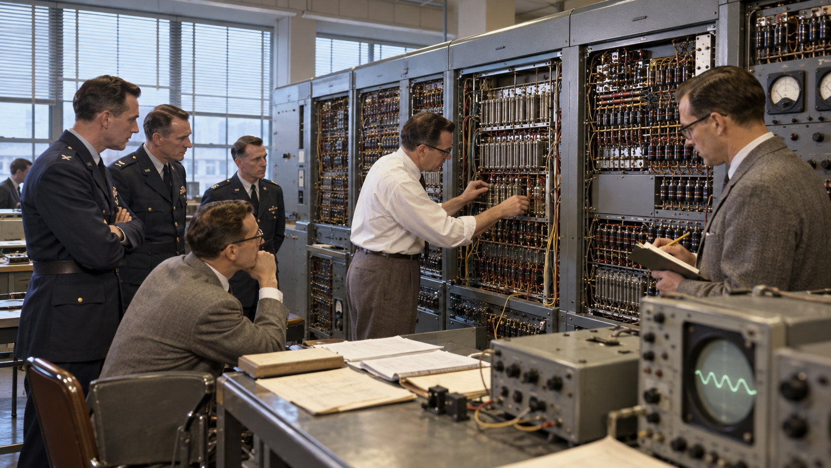 Photorealistic historical reconstruction of the Bell Labs TRADIC computer announcement