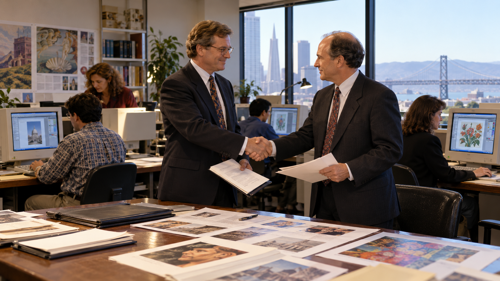 Photorealistic historical reconstruction of the Adobe and Aldus merger announcement