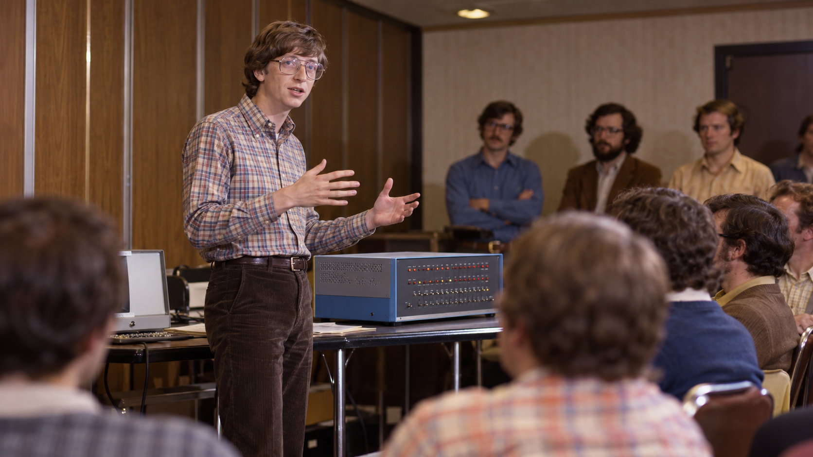 Photorealistic historical reconstruction of the Bill Gates addressing computer hobbyists