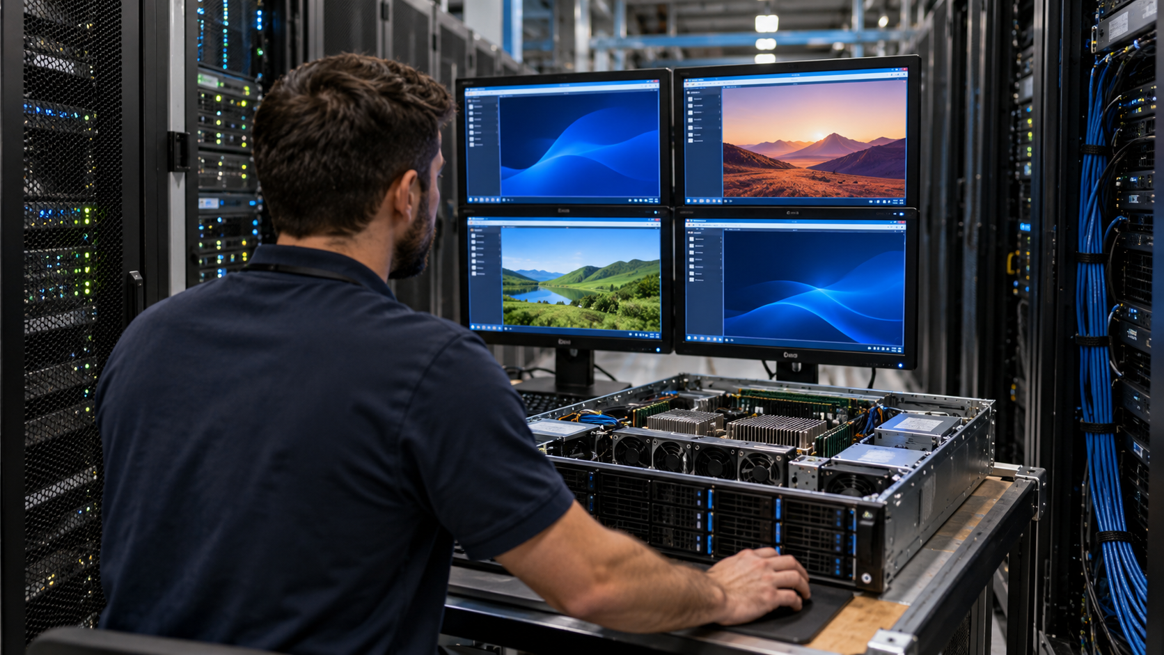 Server rack visualization showing several isolated virtual machines sharing one physical host through a hypervisor layer