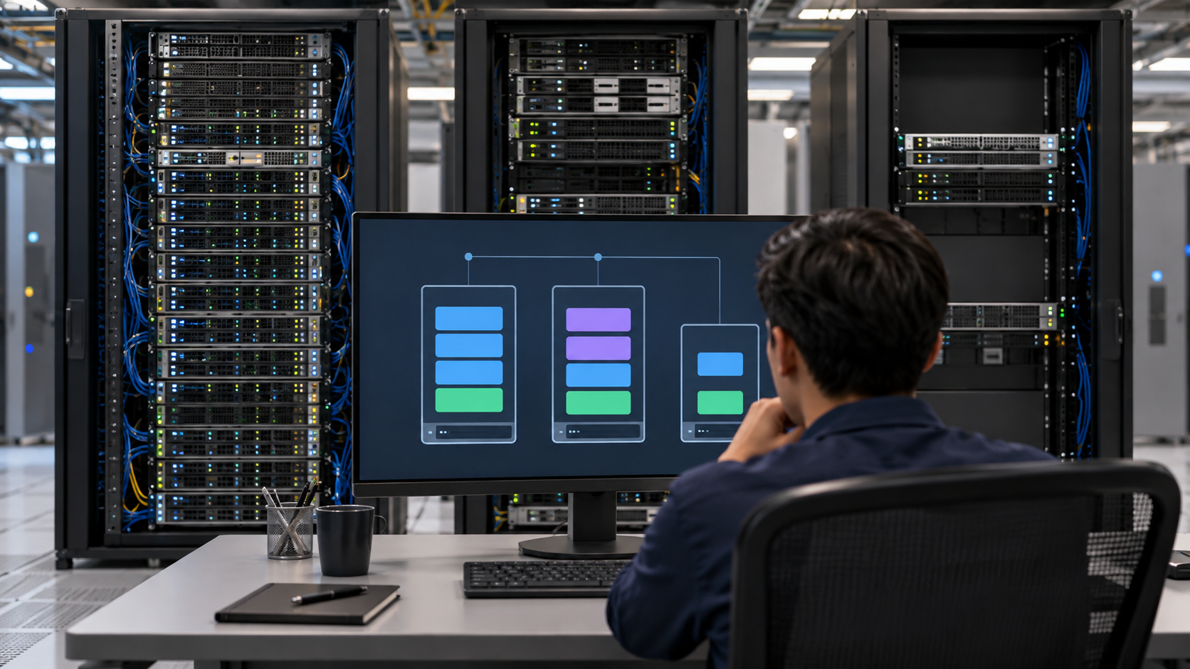 Cloud operations dashboard visualizing a Kubernetes scheduler assigning application pods across a cluster of servers