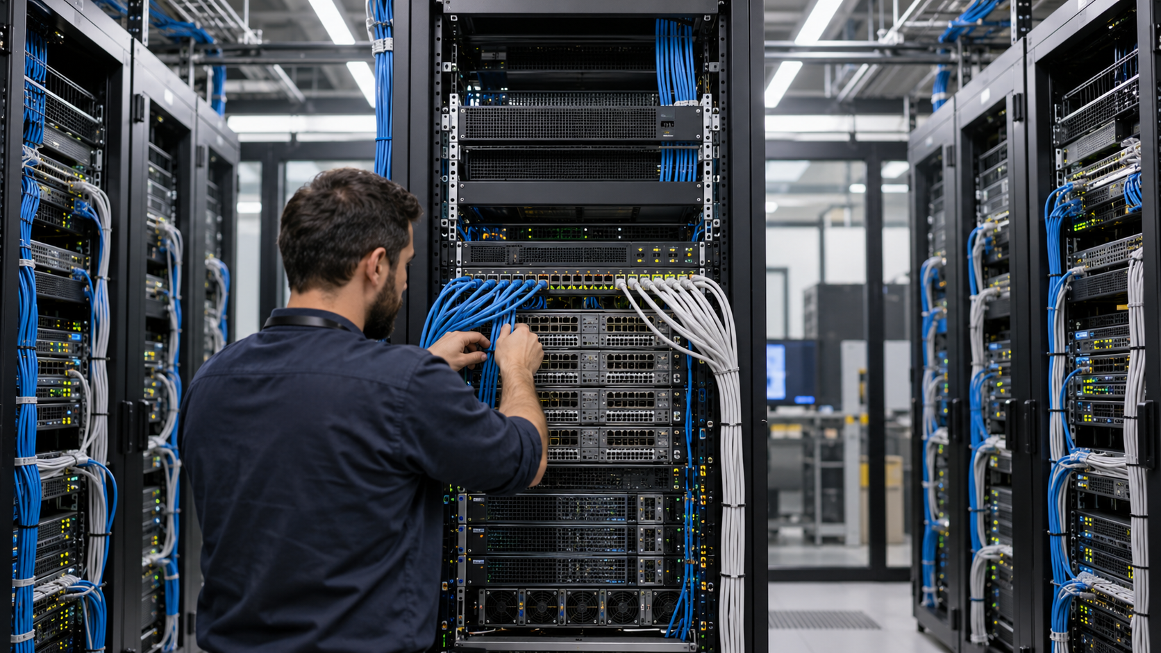 Network operations scene showing a reverse proxy directing incoming web requests to multiple protected application servers