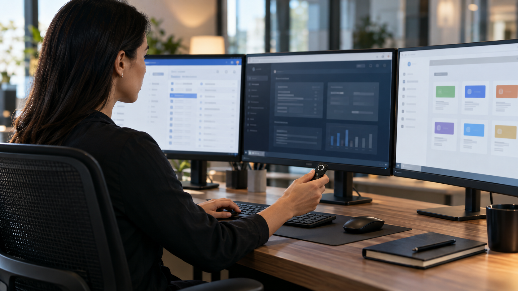 Employee using single sign-on as one trusted identity hub connects securely to several business applications