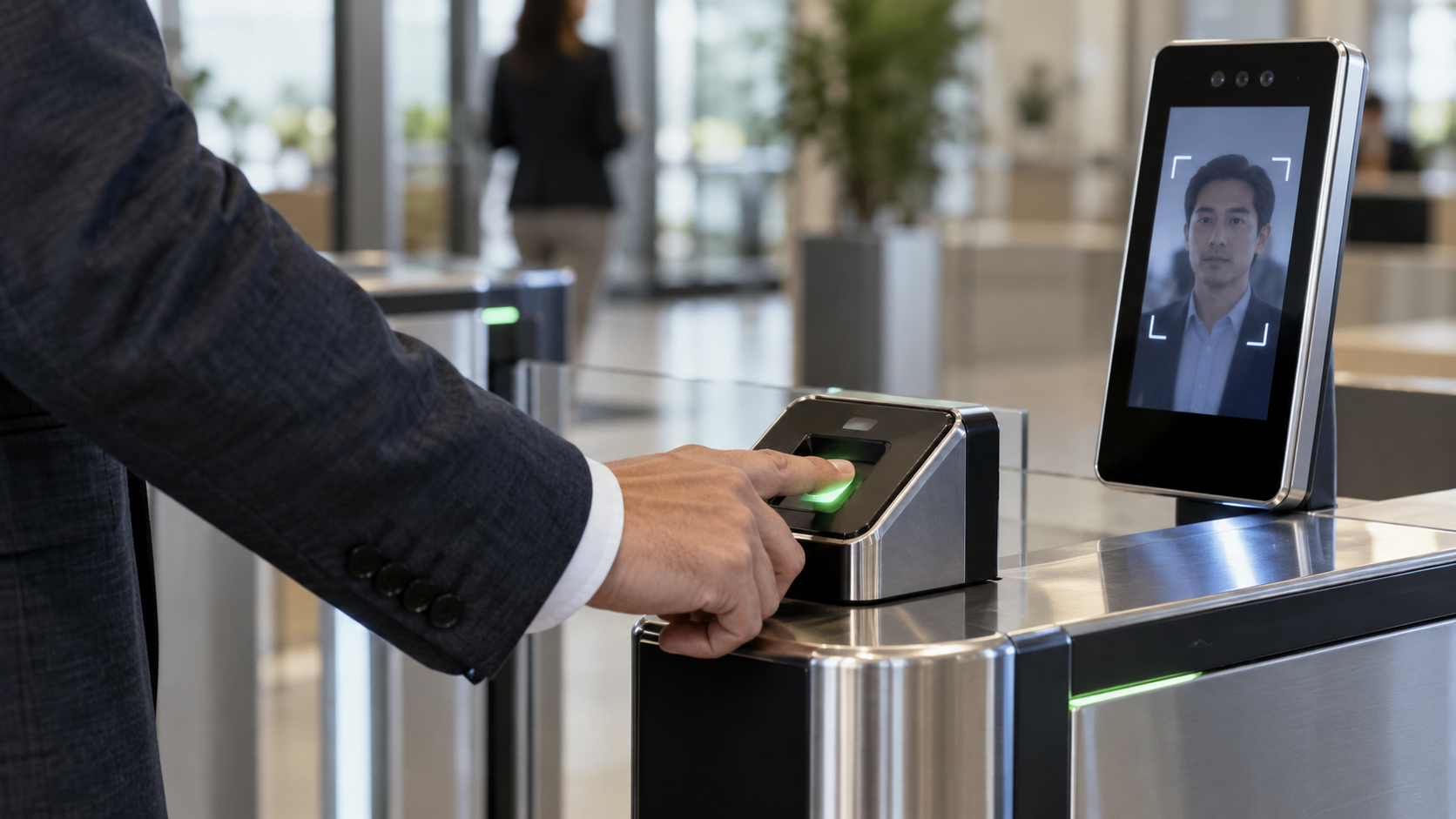Close-up of a person using secure biometric authentication with a fingerprint sensor and facial verification interface