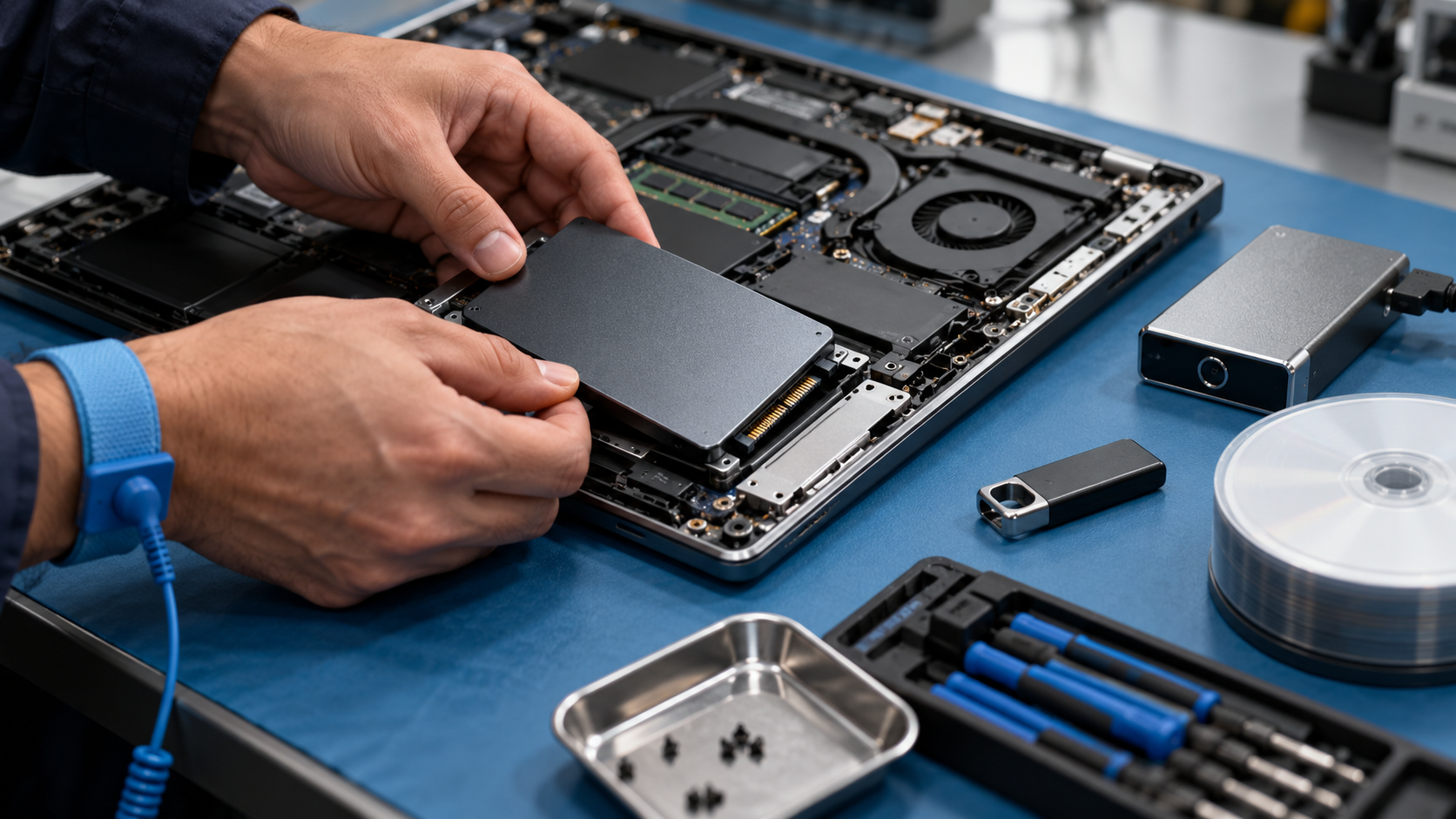 Encrypted laptop storage drive protected by a hardware security module and a strong cryptographic key