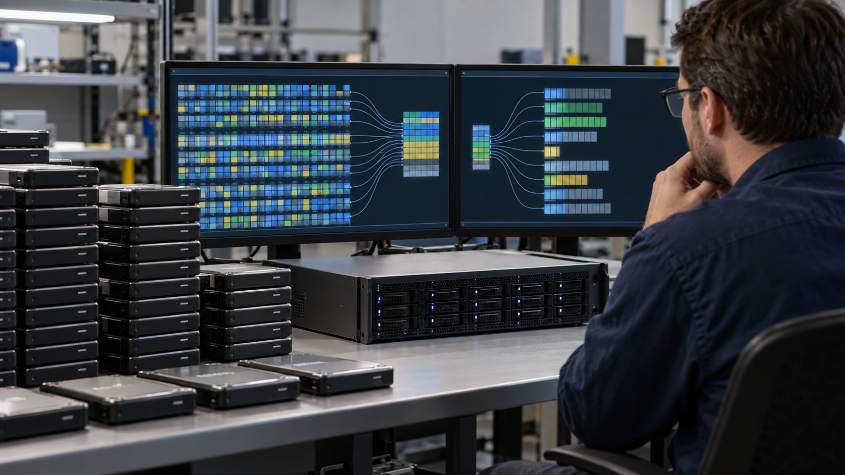 Storage engineer visualizing duplicate data blocks being consolidated into one efficient protected copy