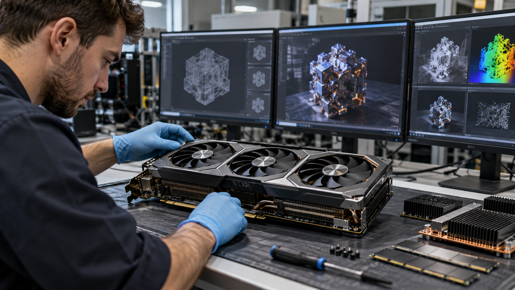 Graphics workstation showing a GPU rendering pipeline transforming a 3D scene into a finished high-resolution image