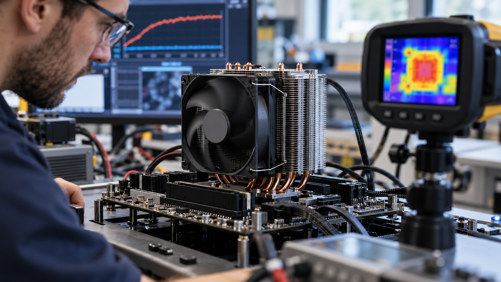 Computer processor under heavy load with thermal sensors and cooling system responding to rising chip temperature