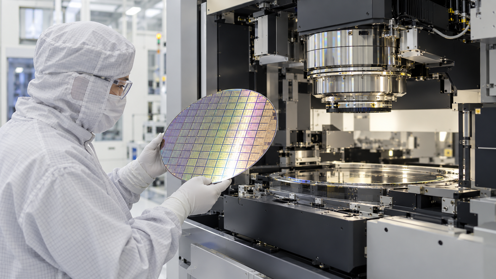 Semiconductor fabrication cleanroom with a lithography scanner projecting microscopic chip patterns onto a silicon wafer
