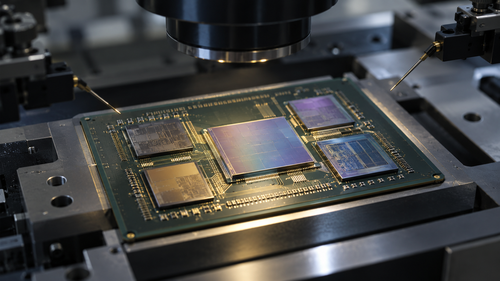 Advanced processor package opened to reveal several interconnected chiplets on a high-density substrate