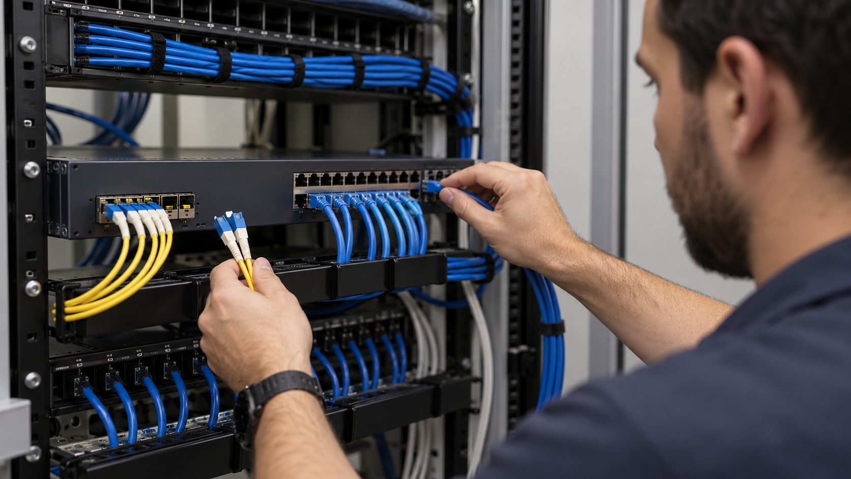 Ethernet switch moving data frames through copper and fiber links across a modern local area network