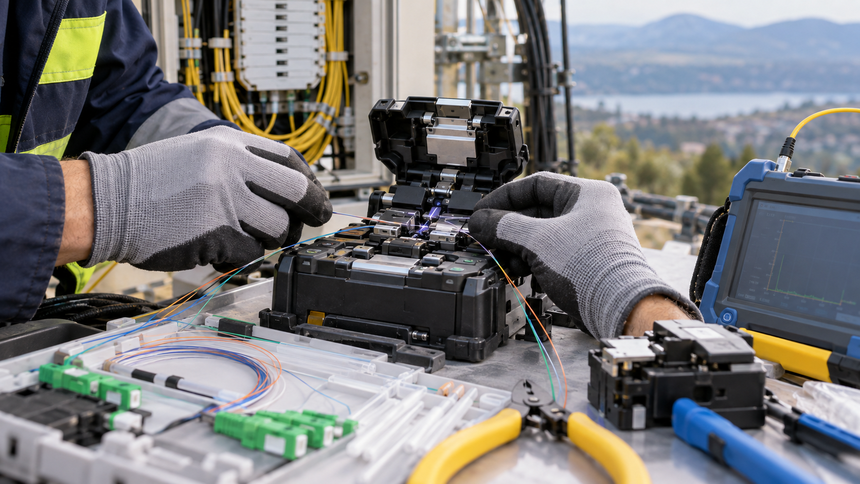 Technician inspecting glowing fiber-optic strands carrying multiple colors of high-speed data through a network facility