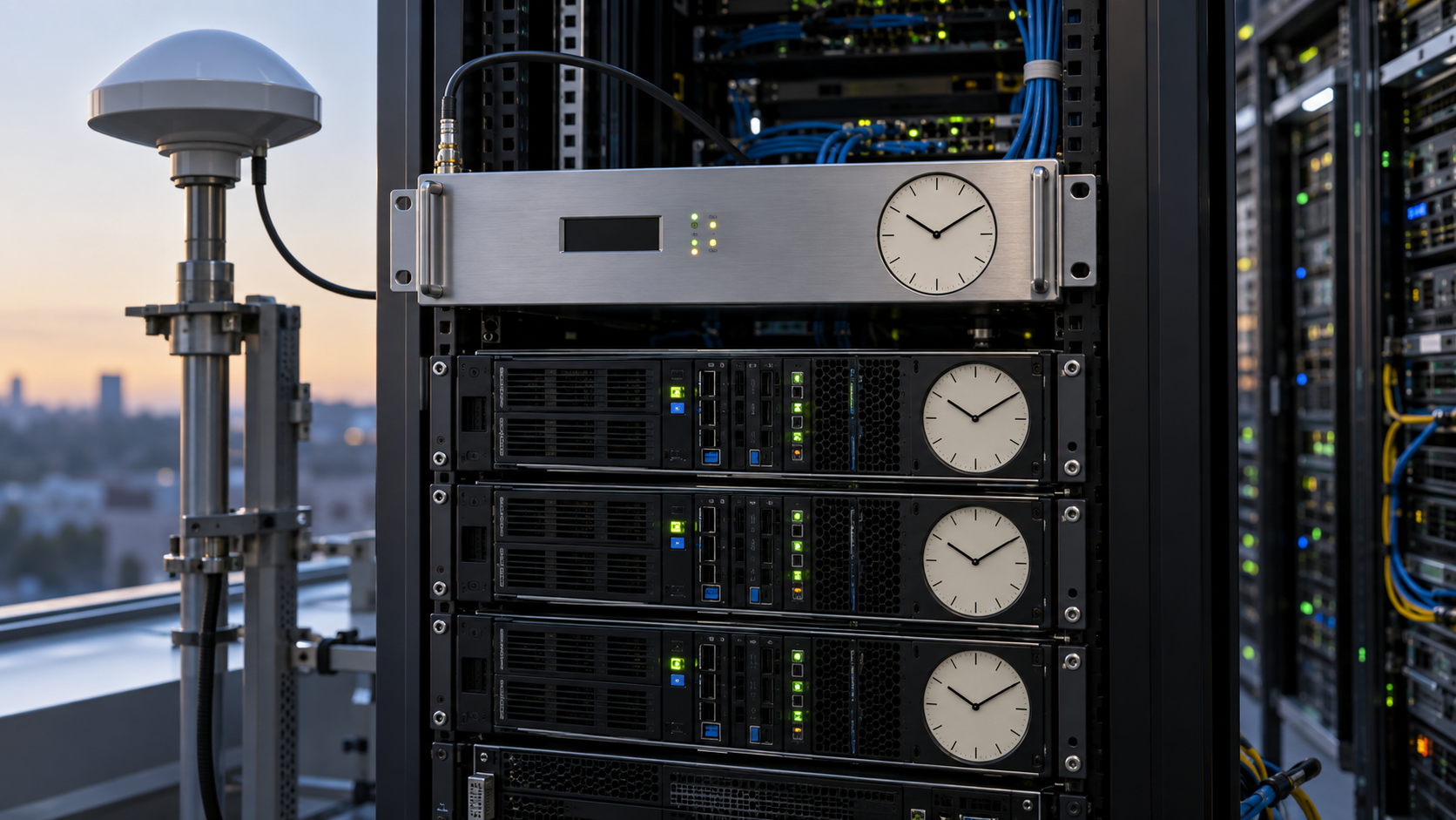 Network time servers exchanging timestamped packets to synchronize clocks across a data center