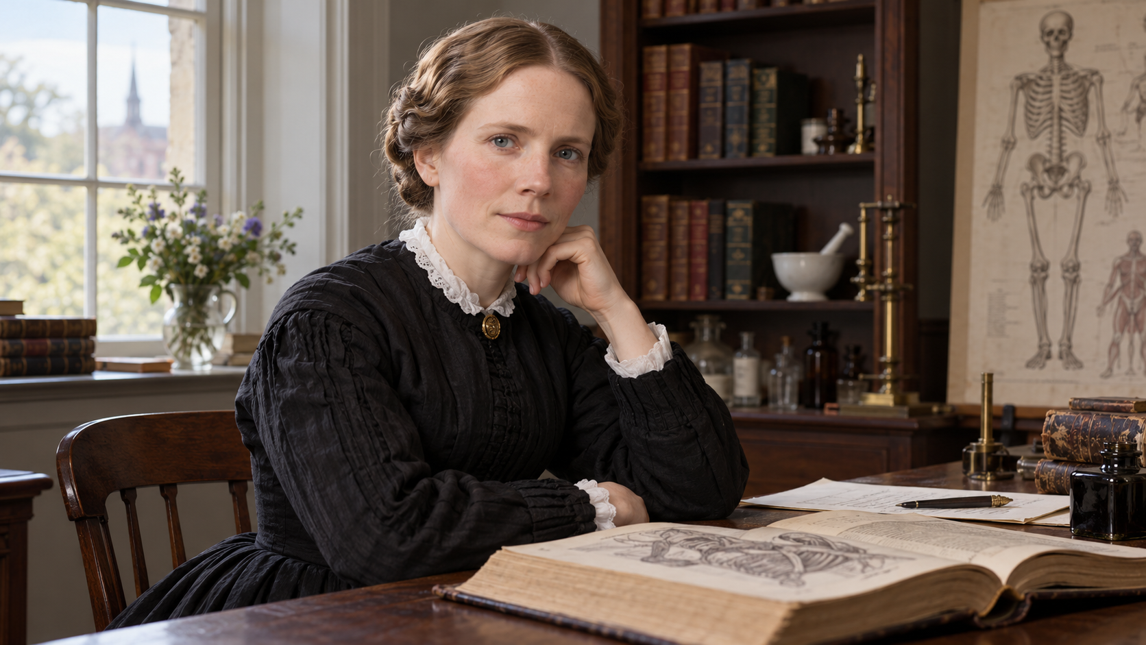 Elizabeth Blackwell in a mid-nineteenth-century physician's study with a medical text and writing desk