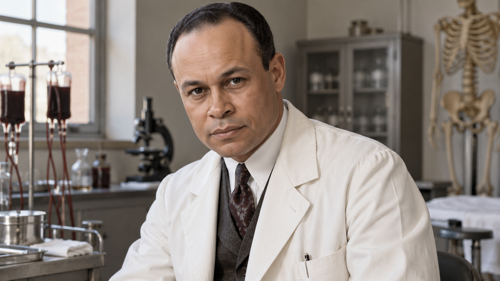 Charles R. Drew in a 1940s surgical teaching room with period medical equipment kept softly out of focus