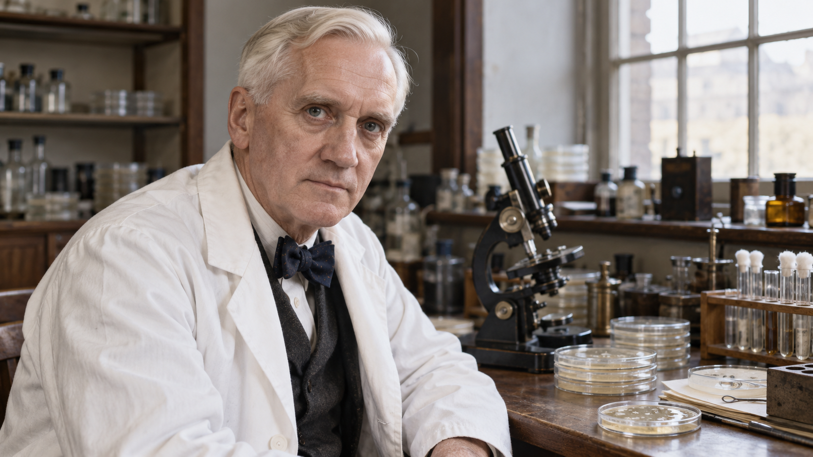 Alexander Fleming in a mid-1940s bacteriology laboratory with glass culture dishes and a microscope