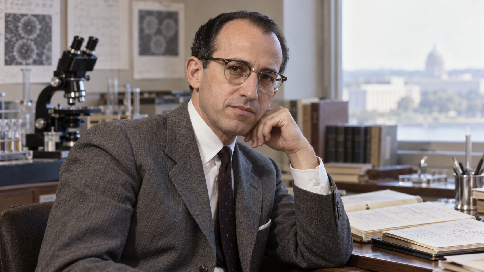 Jonas Salk in a restrained 1950s research office with laboratory notebooks and soft daylight
