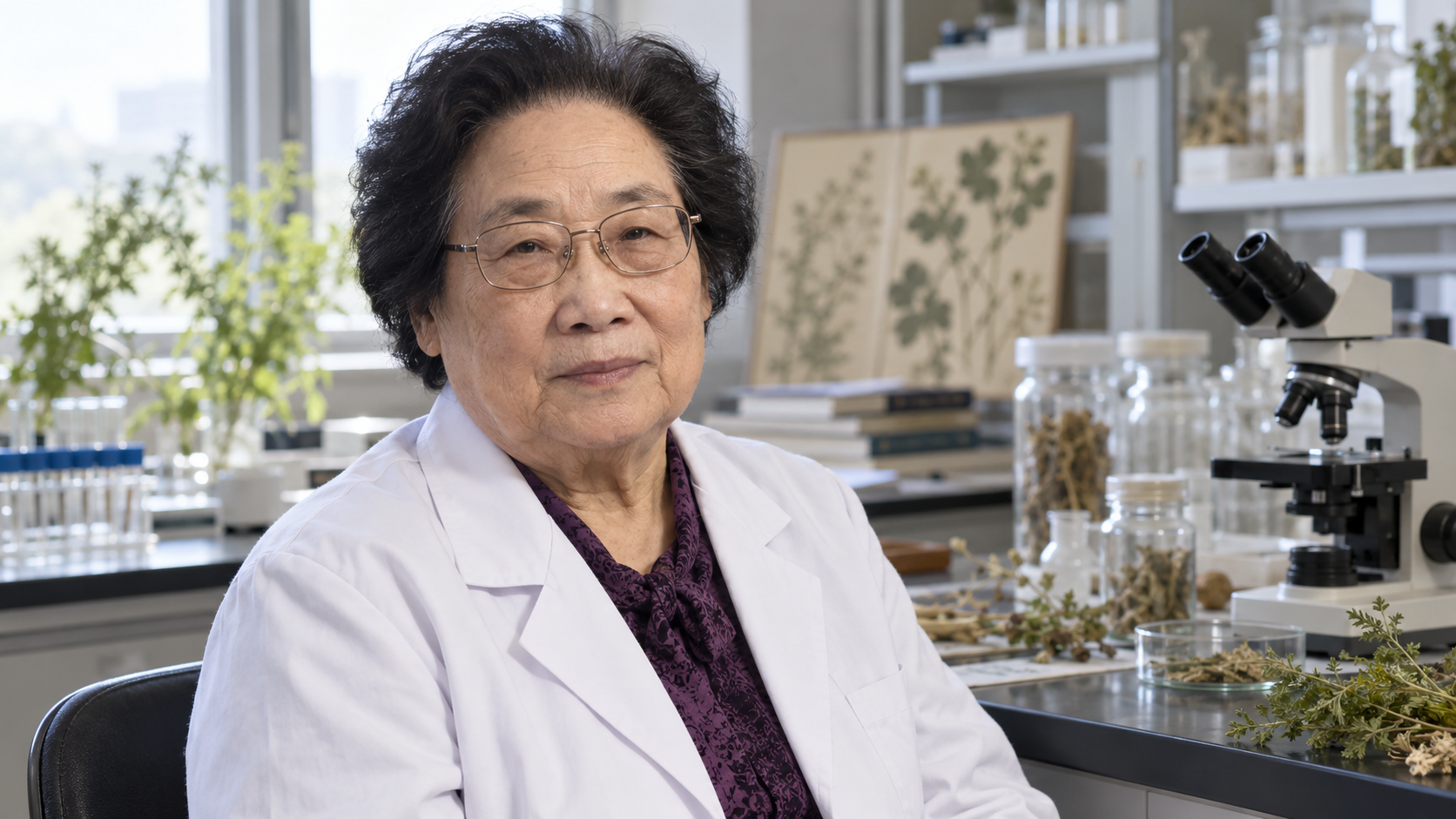 Tu Youyou in a quiet pharmacology laboratory with botanical research materials in soft focus