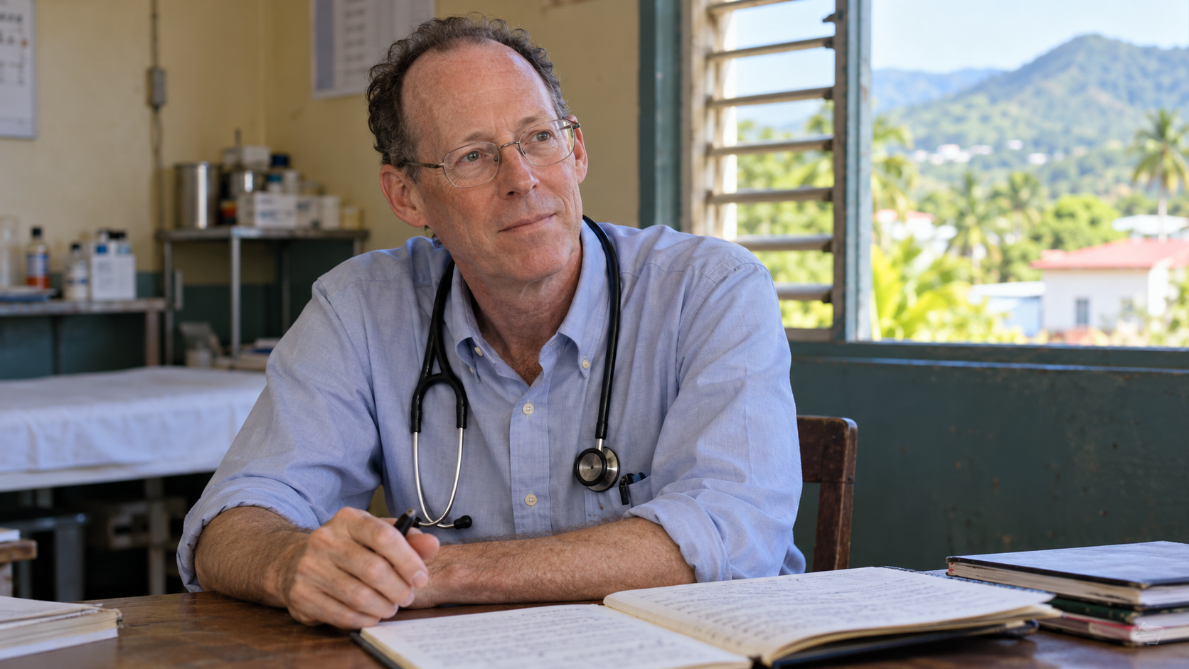 Paul Farmer in a modest community clinic consultation room with notebooks and natural Caribbean daylight