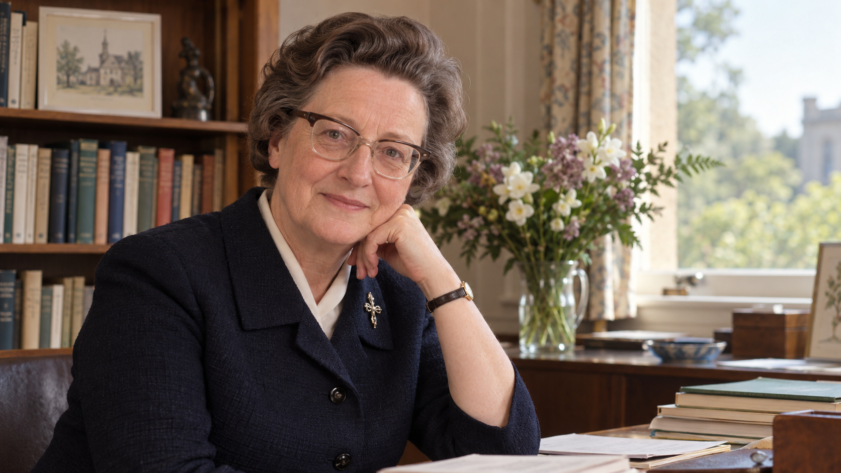 Cicely Saunders in a calm St Christopher's Hospice office with books, flowers, and gentle daylight