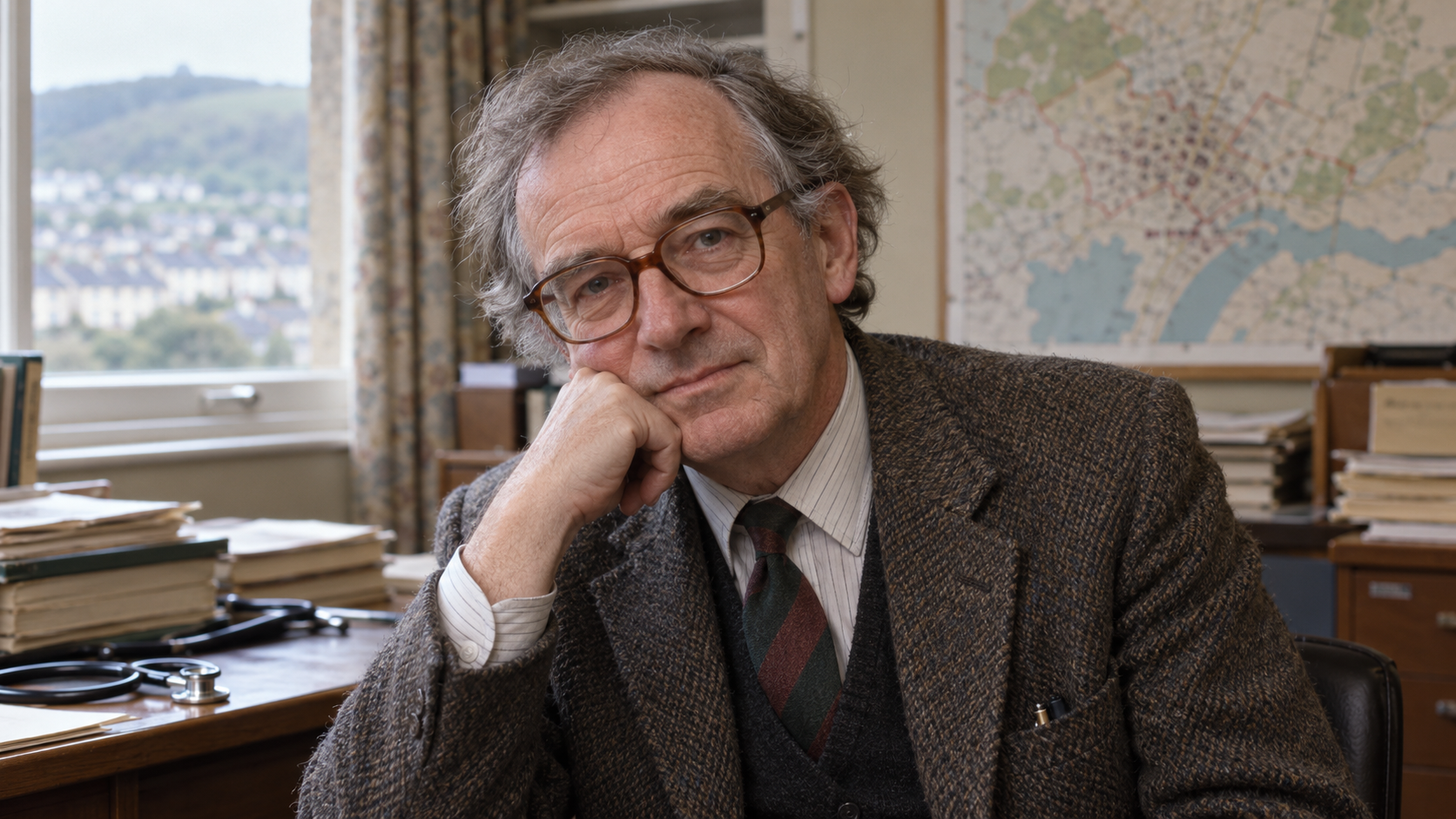 Julian Tudor Hart in a Welsh general-practice office with paper records and a community map