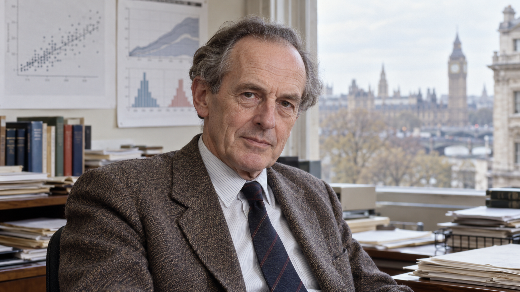 Geoffrey Rose in an epidemiology office with population charts and a London streetscape beyond the window