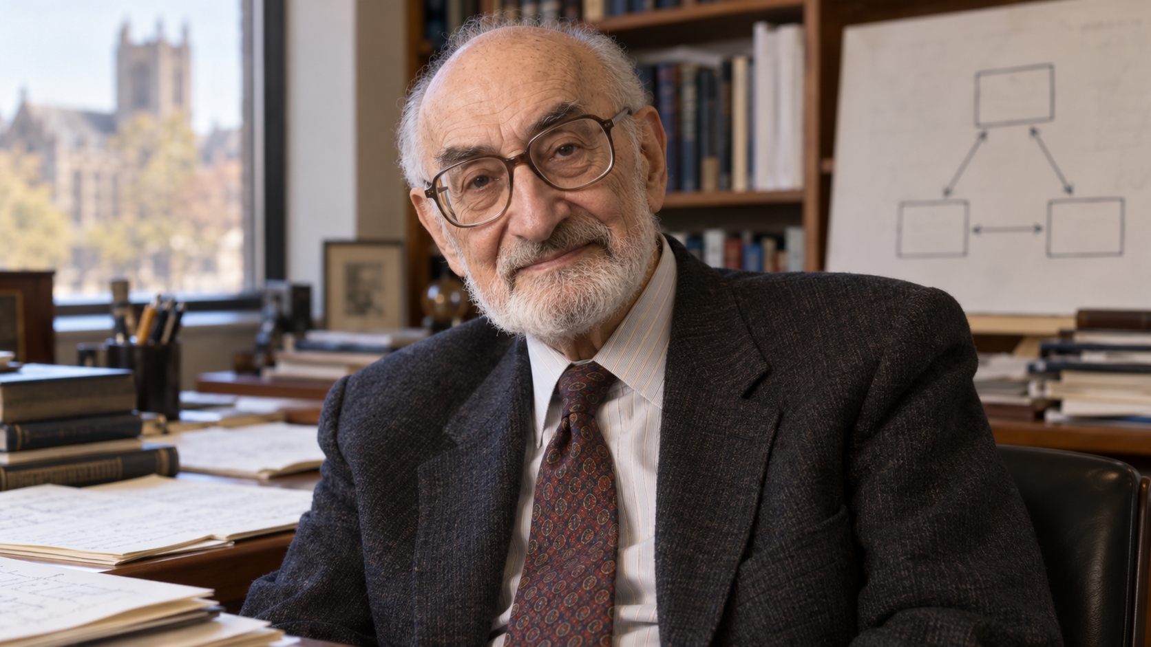 Avedis Donabedian in a scholar's study with handwritten notes and a simple quality-of-care diagram
