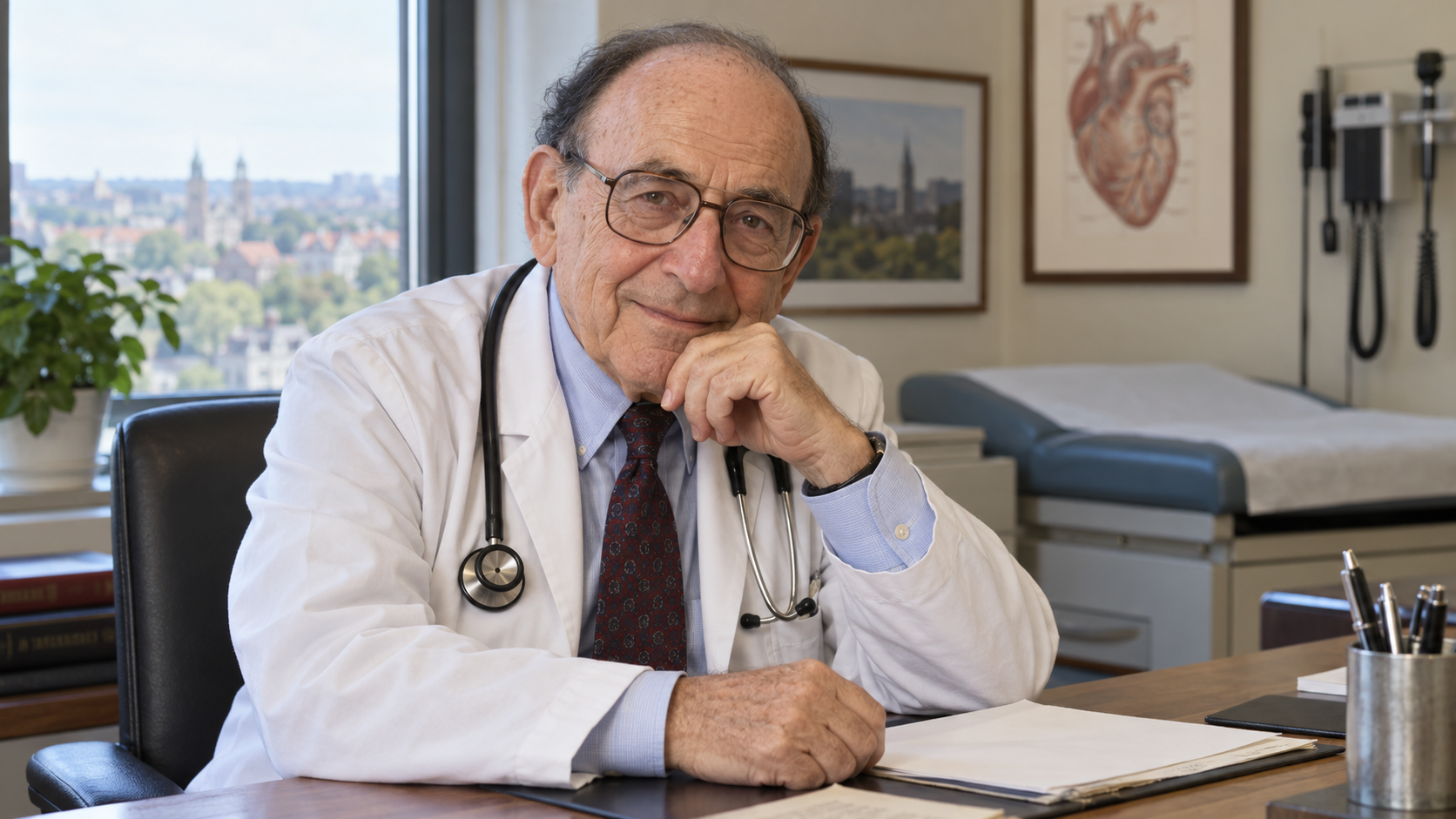 Bernard Lown in a cardiology consultation room with a stethoscope and an uncluttered desk