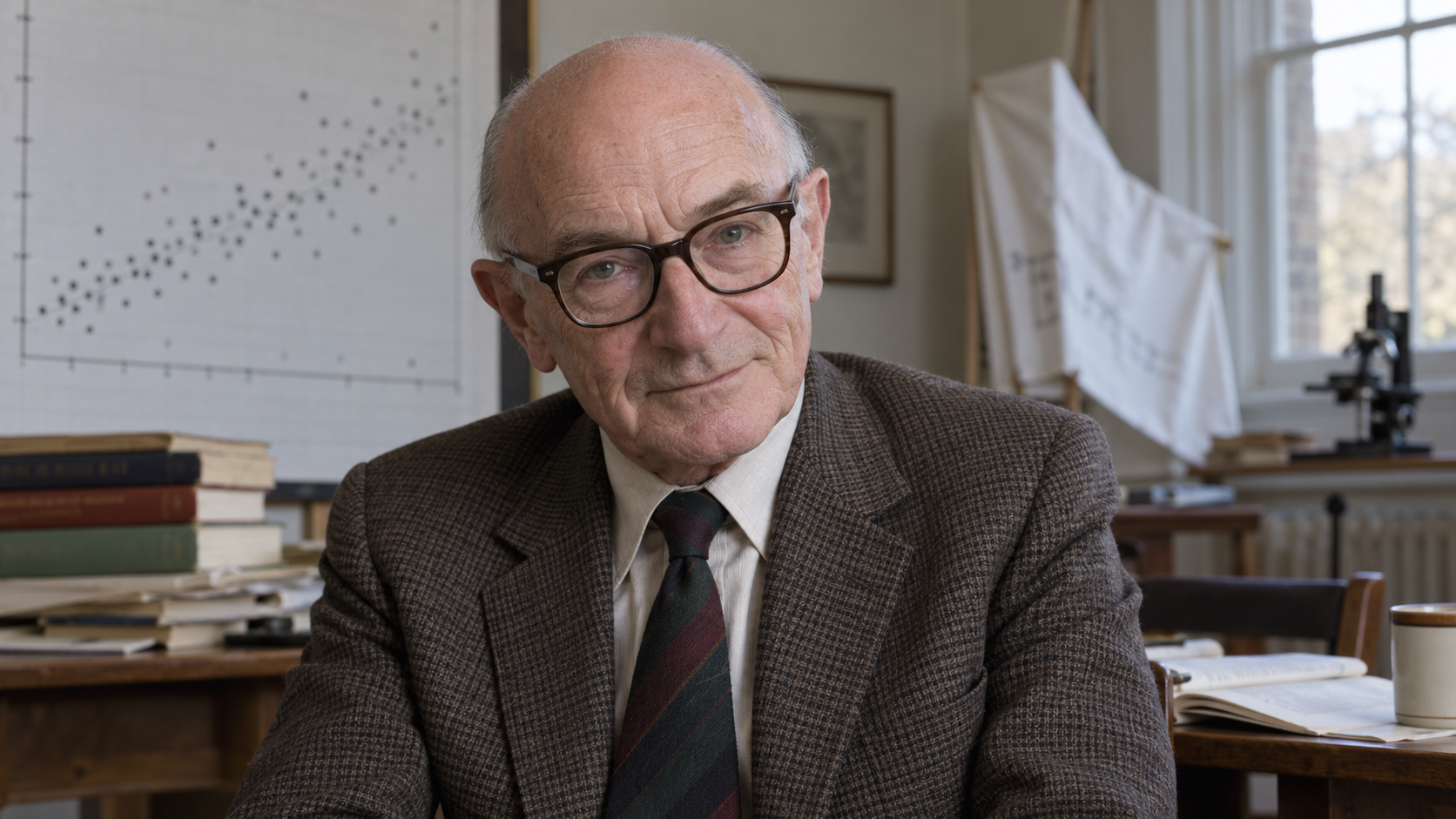 Archie Cochrane in a spare epidemiology study with a 1930s-style hand-lettered health-service banner