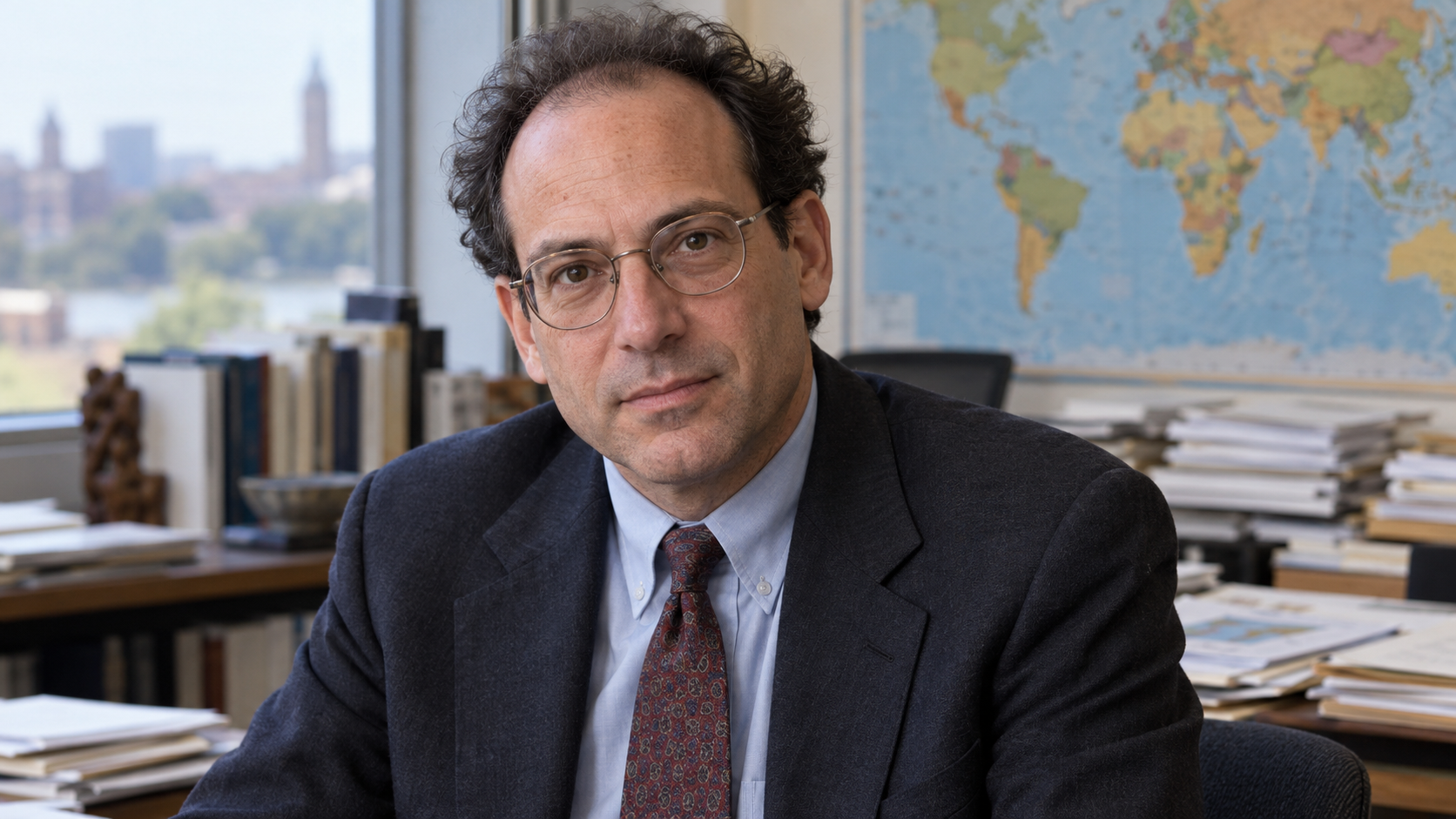 Jonathan Mann in a global-health policy office with conference papers and a world map