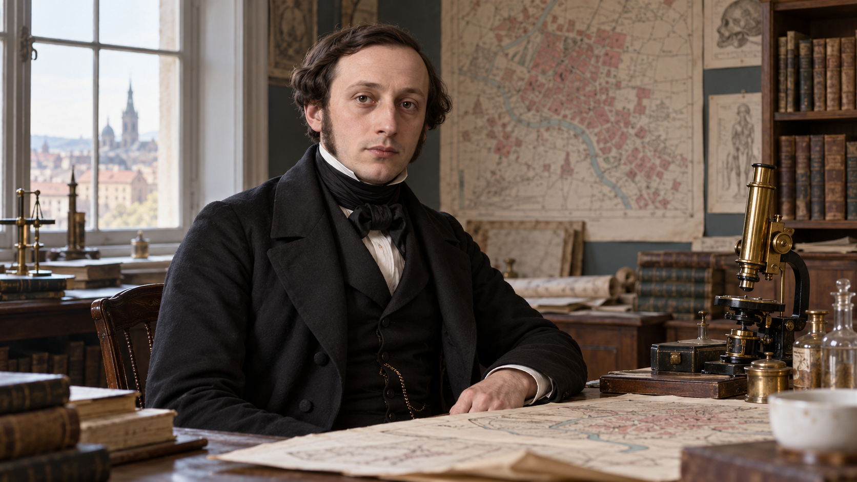 Rudolf Virchow in a nineteenth-century public-health study with maps and a microscope