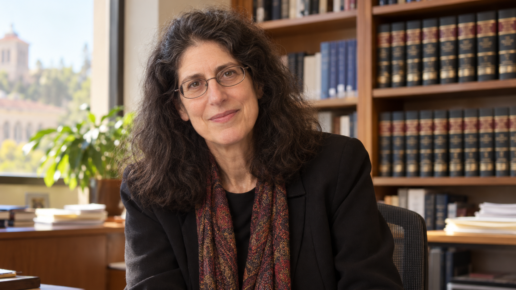 Elyn Saks in a university office with law books and warm natural light