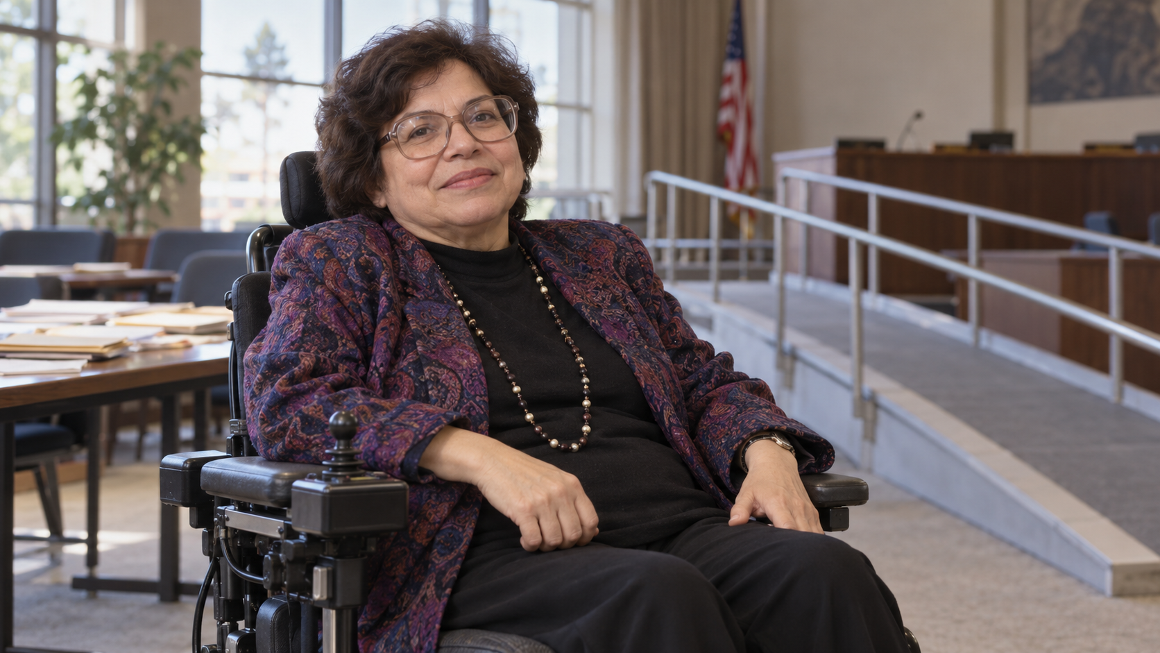 Judith Heumann in an accessible public meeting space with a ramp and civic documents in the background