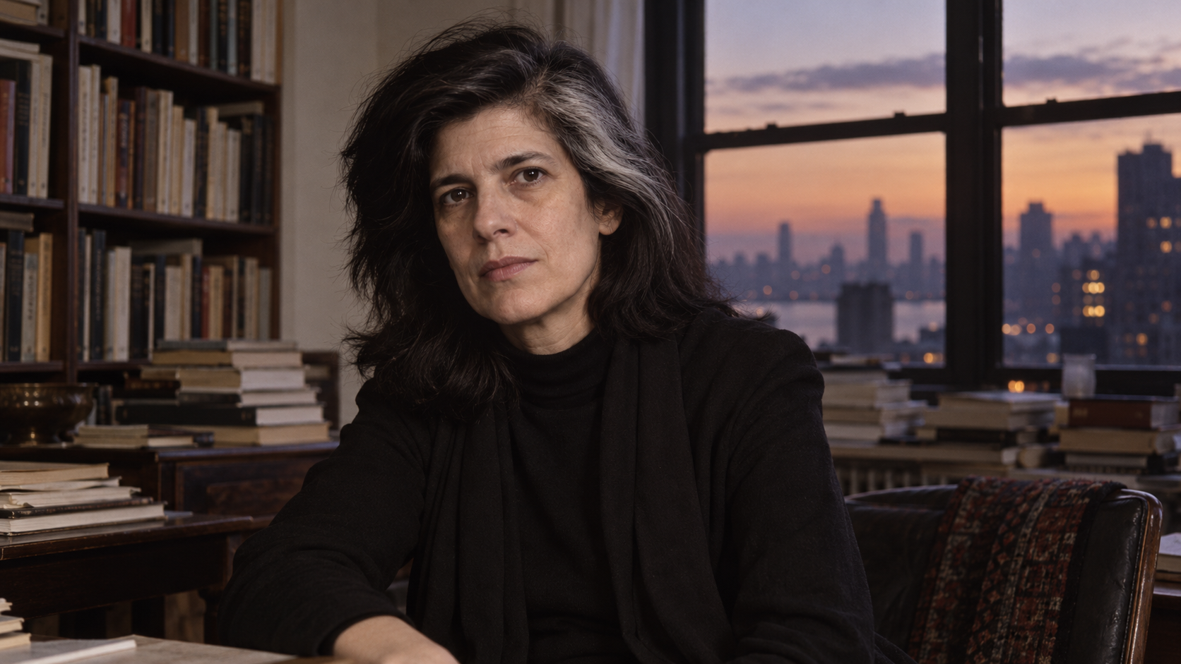 Susan Sontag in a late-1970s writer's study with books and a city window at dusk
