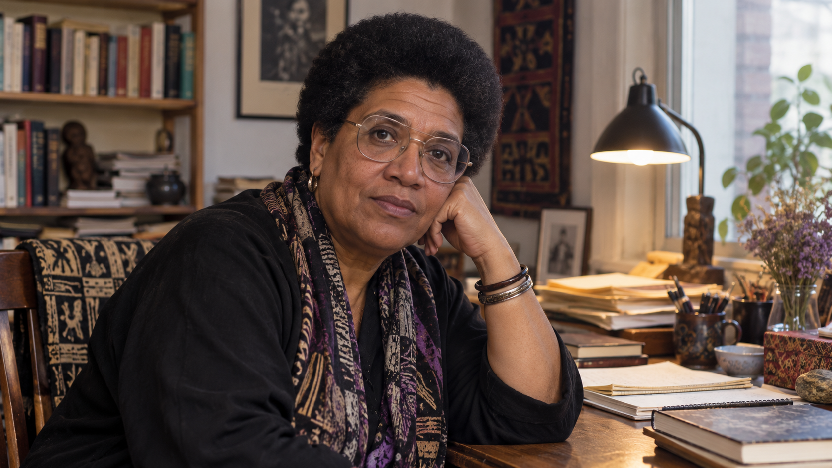 Audre Lorde in a late-1980s writing room with journals, a reading lamp, and soft daylight