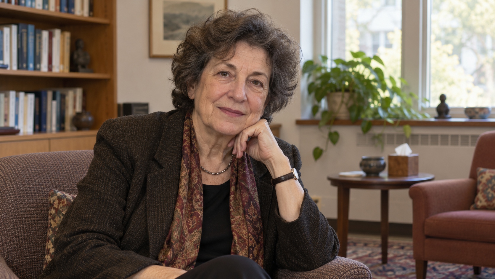 Judith Herman in a quiet clinical office arranged for conversation, with two chairs and warm daylight