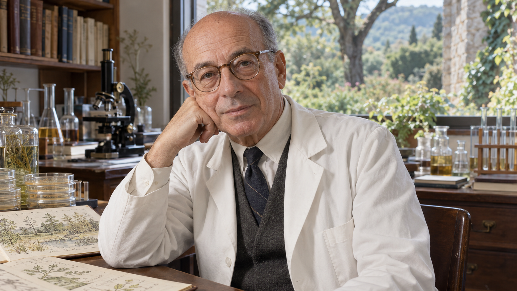 René Dubos in a microbiology study overlooking a garden, with culture glassware and ecological notes