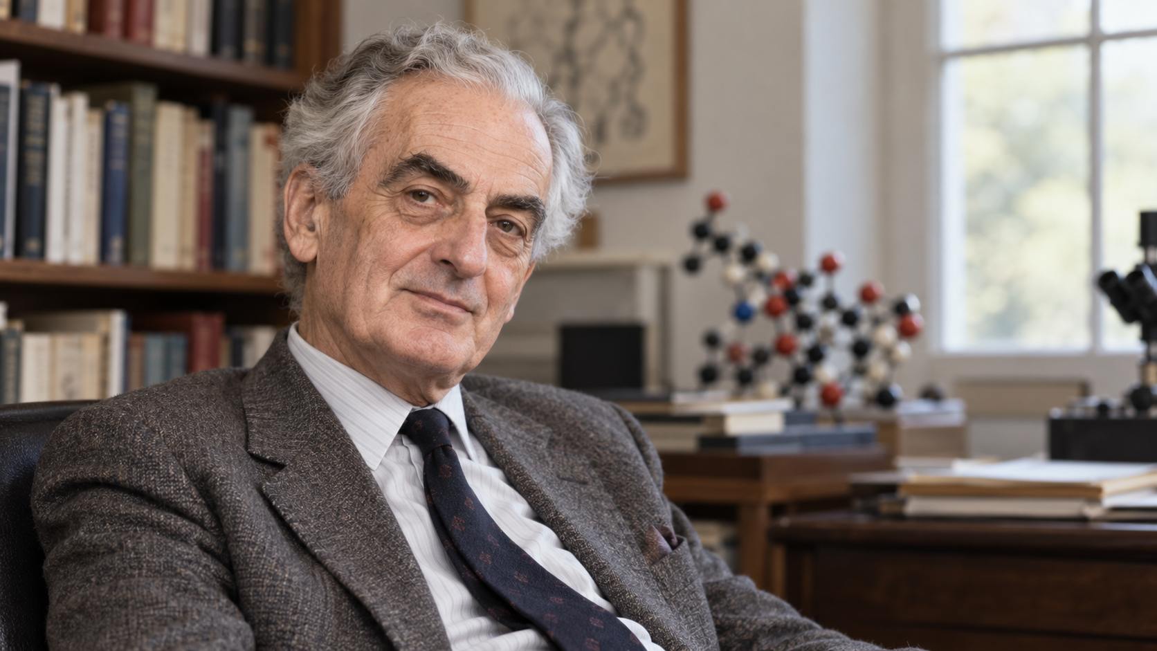 Peter Medawar in a biology study with a molecular model and books, rendered as an editorial portrait rather than a laboratory event