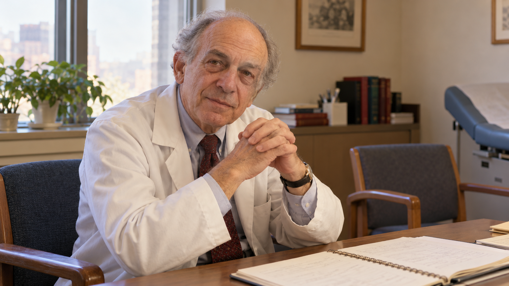 Eric Cassell in a physician's consultation room with two chairs and an open clinical notebook