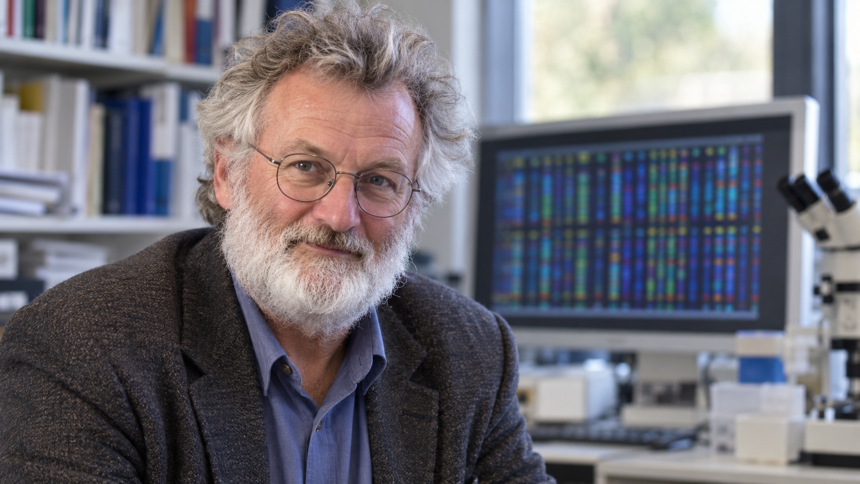 John Sulston in a genomics laboratory office with an abstract sequence display kept unreadable